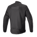 Alpinestars Luc V2 Air Jacket, Black, Rear view of urban bomber-style motorcycle jacket featuring extensive mesh panels for airflow, reflective strip on upper back, and adjustable waist straps