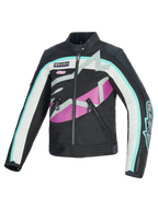 Alpinestars Idles Women’s Jacket, Motorcycle Jacket, Black Off White and Purple, featuring vintage racing-inspired design with bold wrap-around Alpinestars logo and branded patches, textile and leather construction, water-resistant urban riding gear