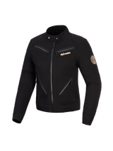 Alpinestars Stella Grace Jacket, Women's Motorcycle Jacket, Black, urban workwear-inspired design with multiple front zippers, snap-button collar, copper Alpinestars logo, and vintage spiral patch on the sleeve.