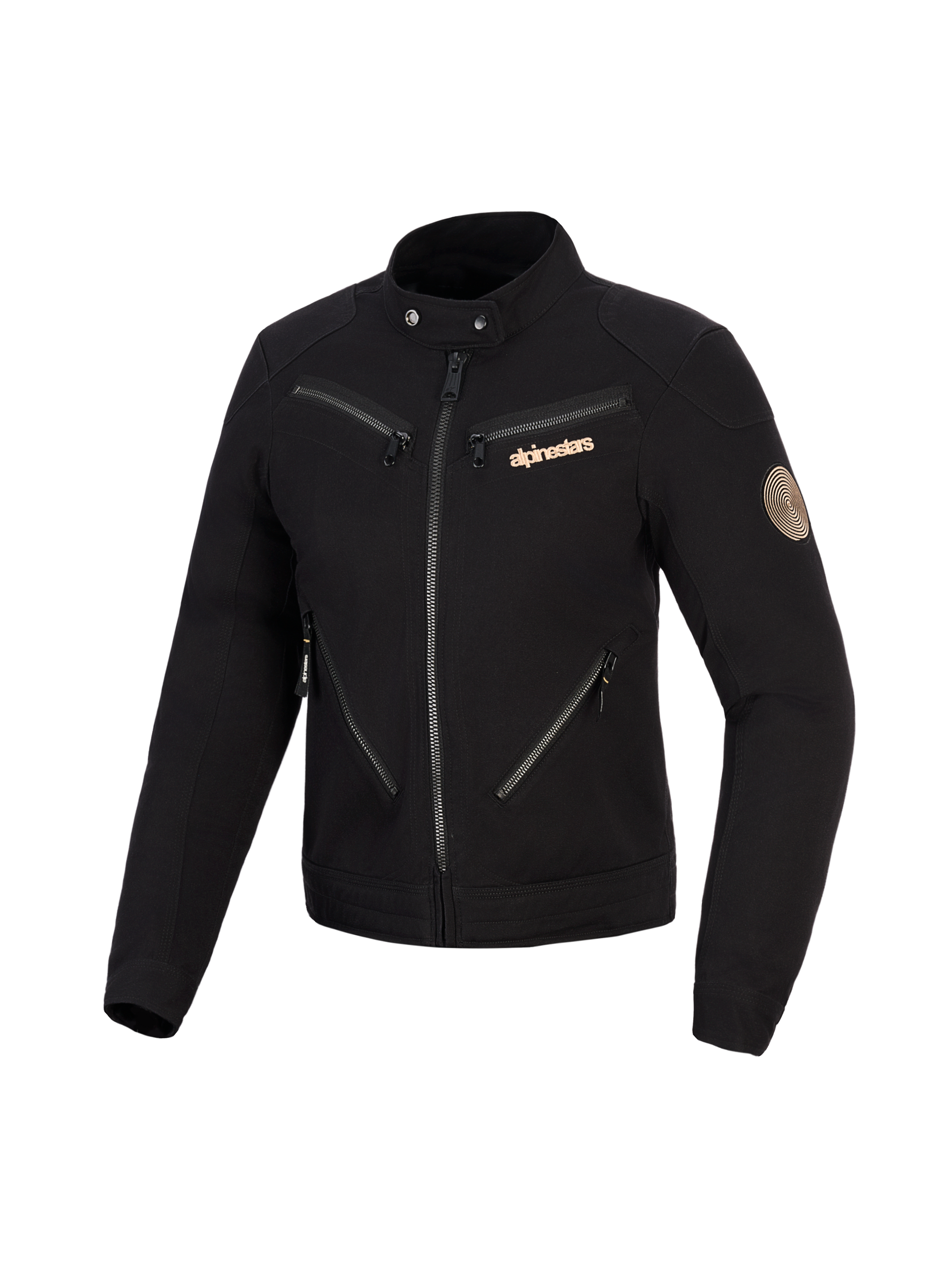 Alpinestars Stella Grace Jacket, Women's Motorcycle Jacket, Black, urban workwear-inspired design with multiple front zippers, snap-button collar, copper Alpinestars logo, and vintage spiral patch on the sleeve.