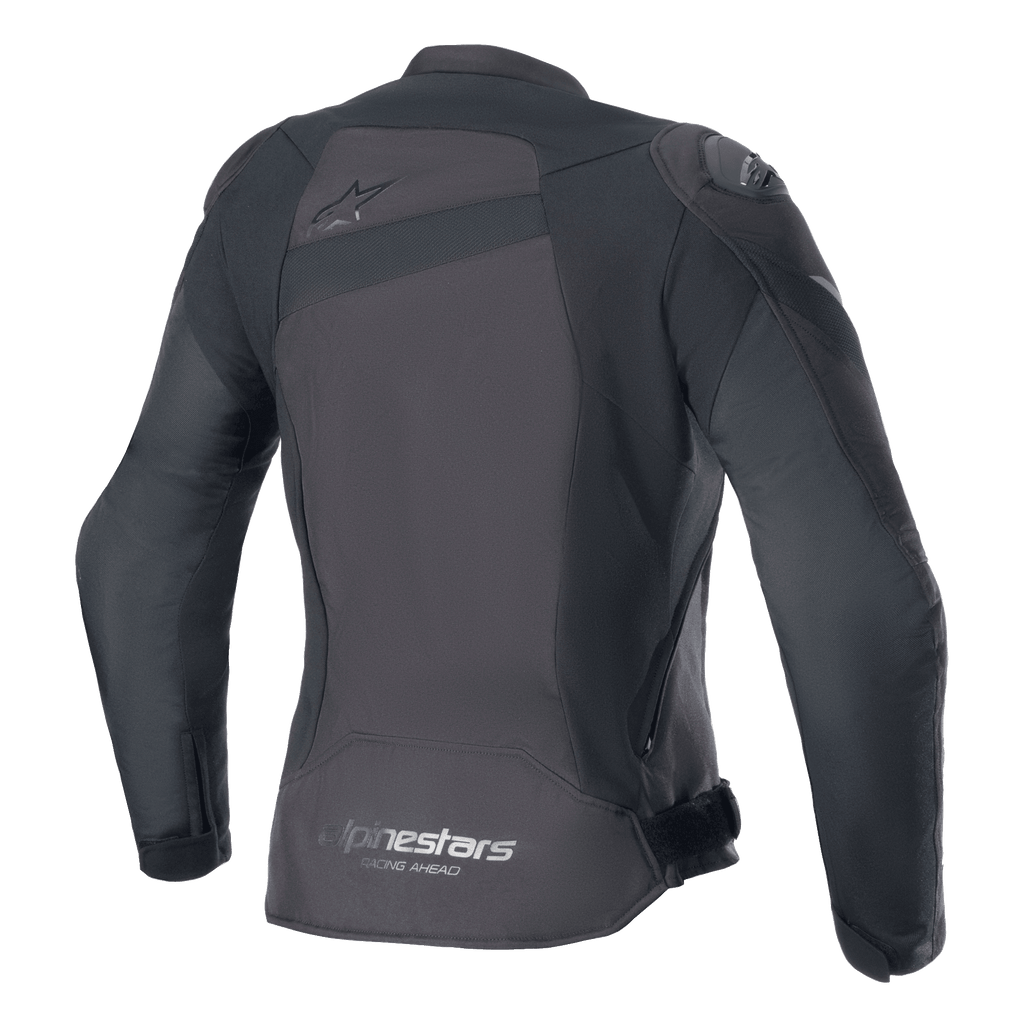 Alpinestars Stella T-GP Plus R V4 Jacket, Women's Textile Motorcycle Jacket, Black/Black, back view featuring a tonal Astar logo on the upper back and 'alpinestars RACING AHEAD' branding on the lower hem, sleek sport fit with visible protective panels.