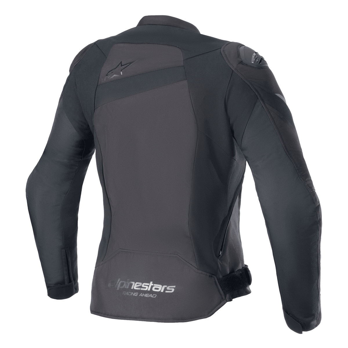 Alpinestars Stella T-GP Plus R V4 Jacket, Women's Textile Motorcycle Jacket, Black/Black, back view featuring a tonal Astar logo on the upper back and 'alpinestars RACING AHEAD' branding on the lower hem, sleek sport fit with visible protective panels.
