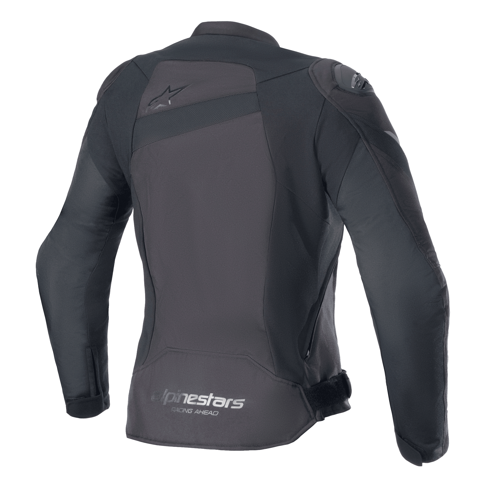 Alpinestars Stella T-GP Plus R V4 Jacket, Women's Textile Motorcycle Jacket, Black/Black, back view featuring a tonal Astar logo on the upper back and 'alpinestars RACING AHEAD' branding on the lower hem, sleek sport fit with visible protective panels.