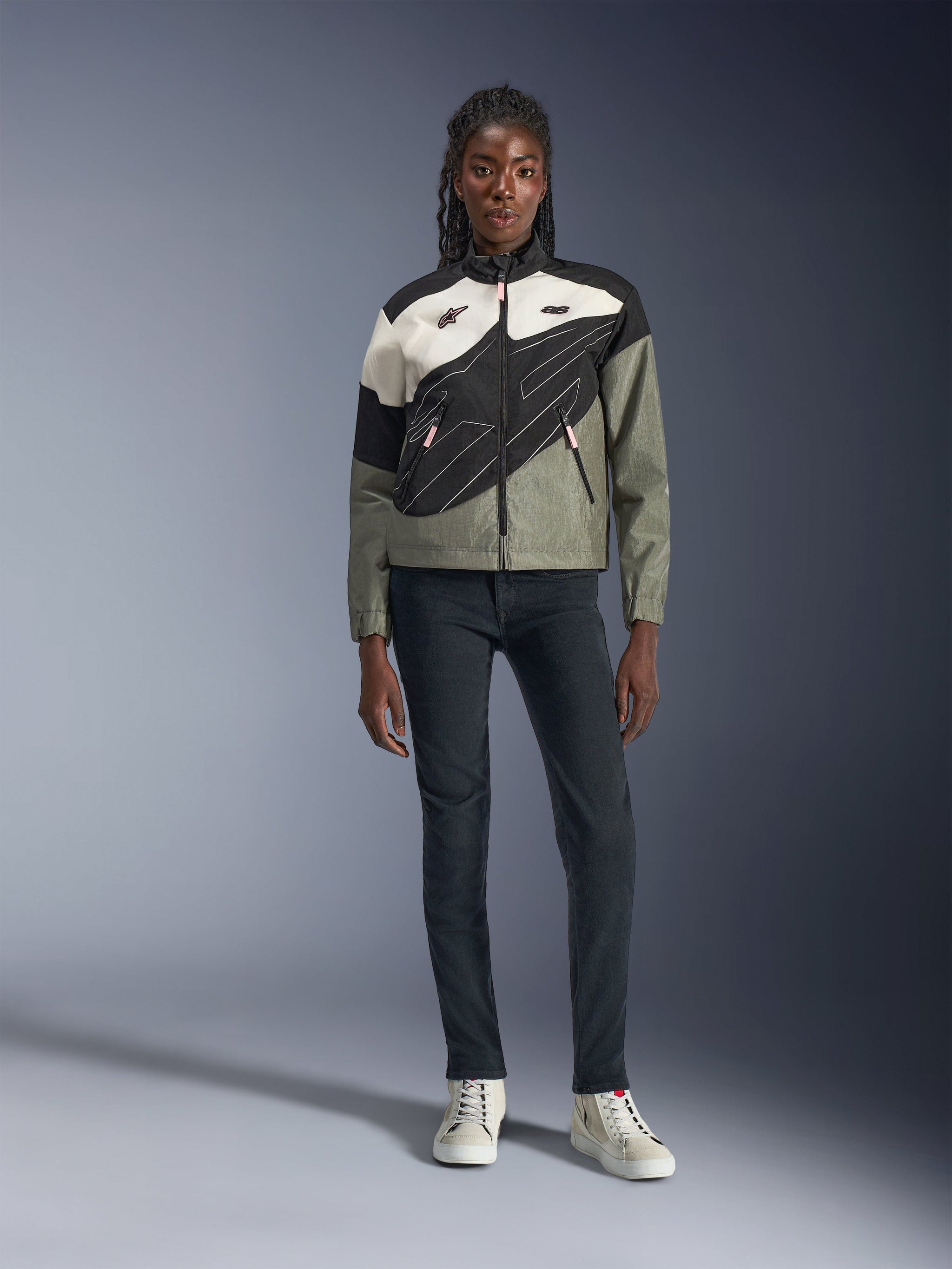 Alpinestars Stella Moshell Jacket, Women's Motorcycle Jacket, Black White and Gray with Pink Accents, Casual Urban Riding Style, Zip-Up Design with High Collar and Zippered Pockets, Geometric Patterns and Logos