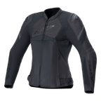 Alpinestars Stella T-GP Plus R V4 Airflow Jacket, Women's Sport Motorcycle Jacket, Black, featuring large mesh ventilation panels, perforated chest sections with Alpinestars logo, DFS Lite shoulder protectors, and a pre-curved anatomical fit for summer riding.