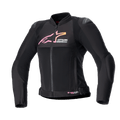 Alpinestars Women Stella SMX Air Jacket, Motorcycle Jacket, Black with Pink and Yellow gradient logo, front view featuring mesh ventilation panels, DFS Lite shoulder protectors, and sporty ergonomic design