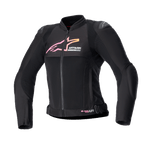 Alpinestars Women Stella SMX Air Jacket, Motorcycle Jacket, Black with Pink and Yellow gradient logo, front view featuring mesh ventilation panels, DFS Lite shoulder protectors, and sporty ergonomic design