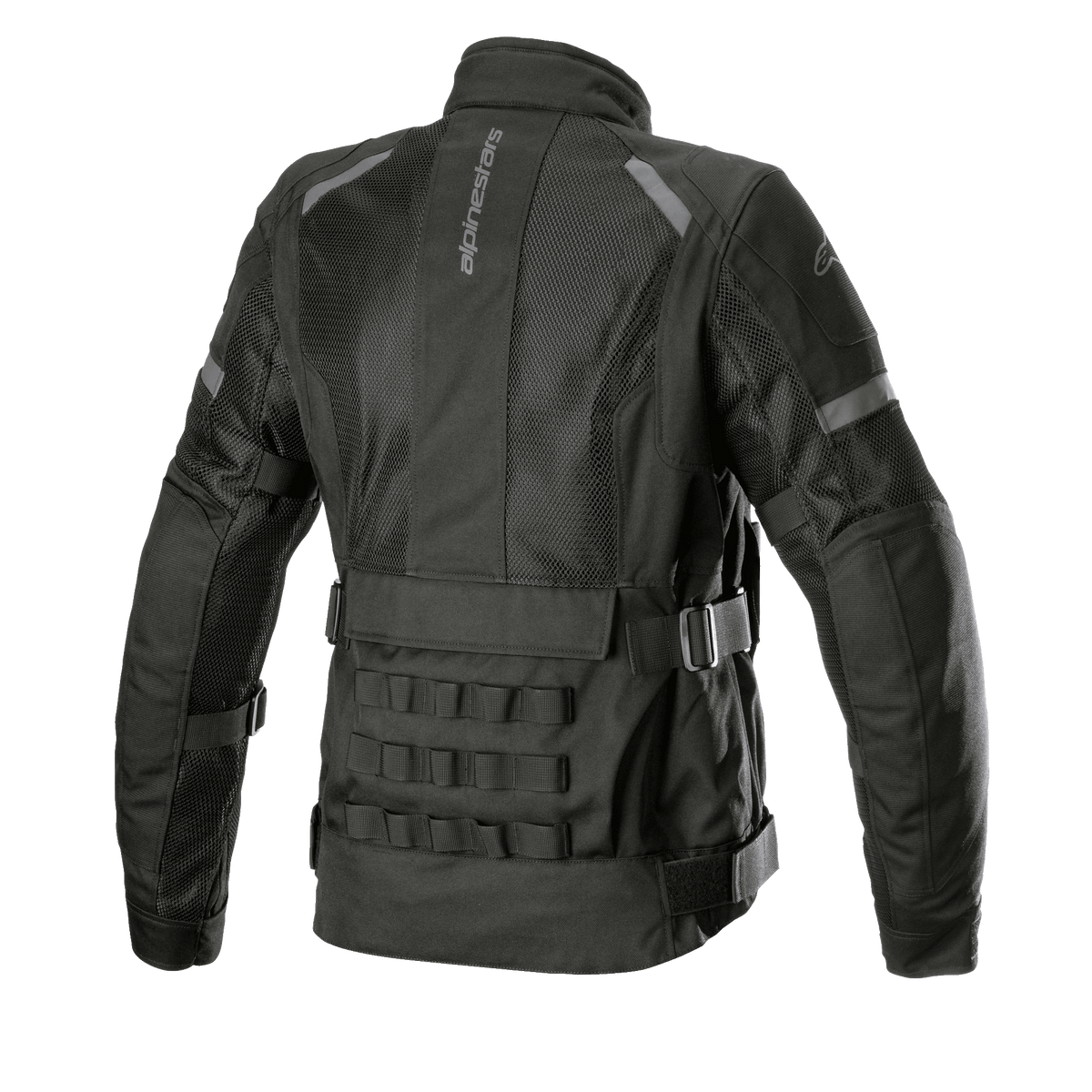 Alpinestars Women's Stella Crosshill WP Air Jacket, Motorcycle Touring Jacket, Black, back view showing large mesh panels for airflow, military-inspired PALS modular webbing on the lower back, and adjustable volume straps on the waist and arms.