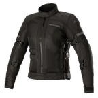 Alpinestars Stella Crosshill WP Air Jacket, Women's Motorcycle Jacket, Black, featuring large tech mesh panels for airflow, adjustable volume straps on sleeves and torso, high collar with front zipper, sleek touring design with subtle branding