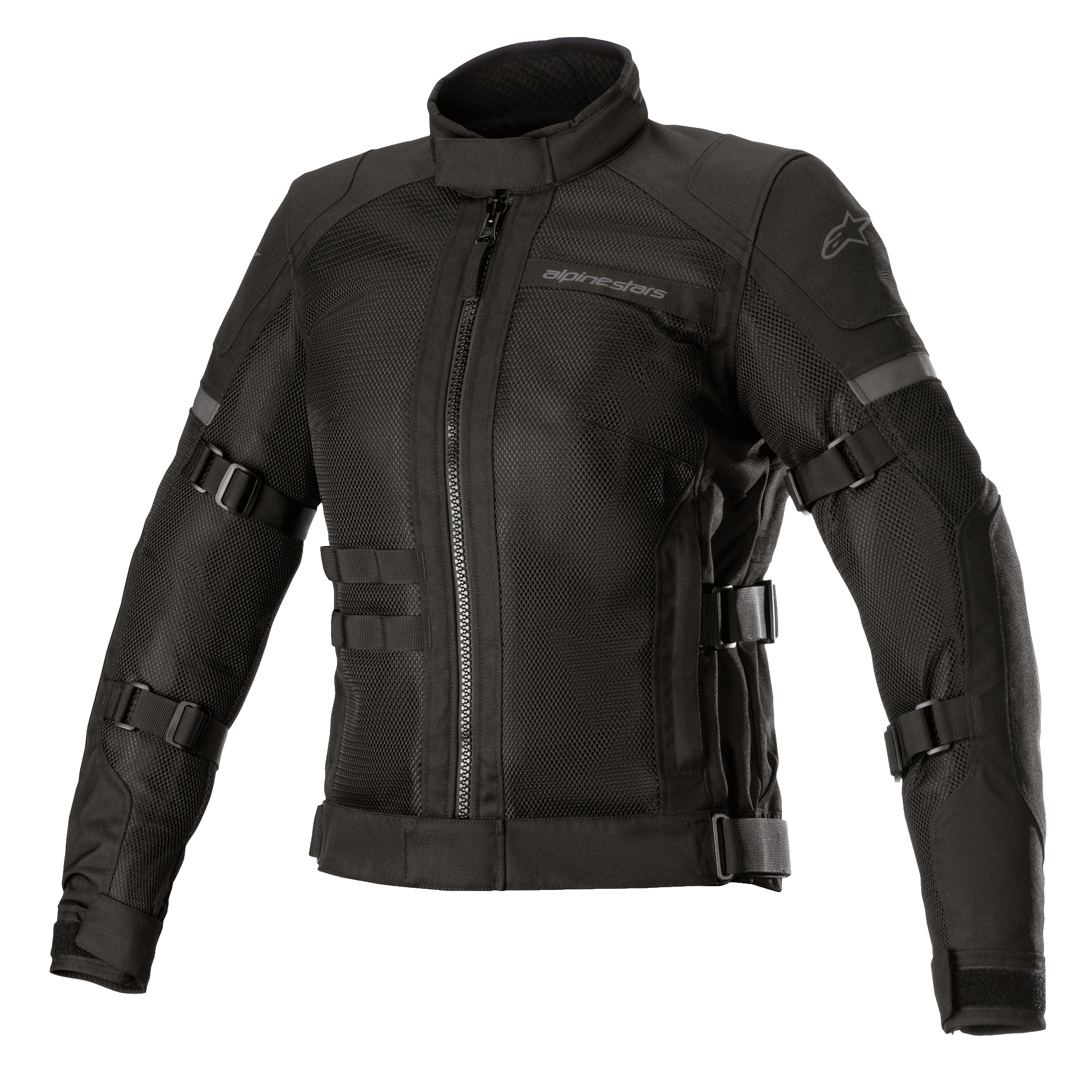 Alpinestars Stella Crosshill WP Air Jacket, Women's Motorcycle Jacket, Black, featuring large tech mesh panels for airflow, adjustable volume straps on sleeves and torso, high collar with front zipper, sleek touring design with subtle branding
