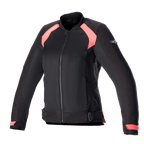 Alpinestars Eloise V2 Women's Air Jacket, Black and Diva Pink, bomber-style textile motorcycle jacket featuring mesh panels for ventilation, front zipper, adjustable waist straps, and an ergonomic fit for women riders.