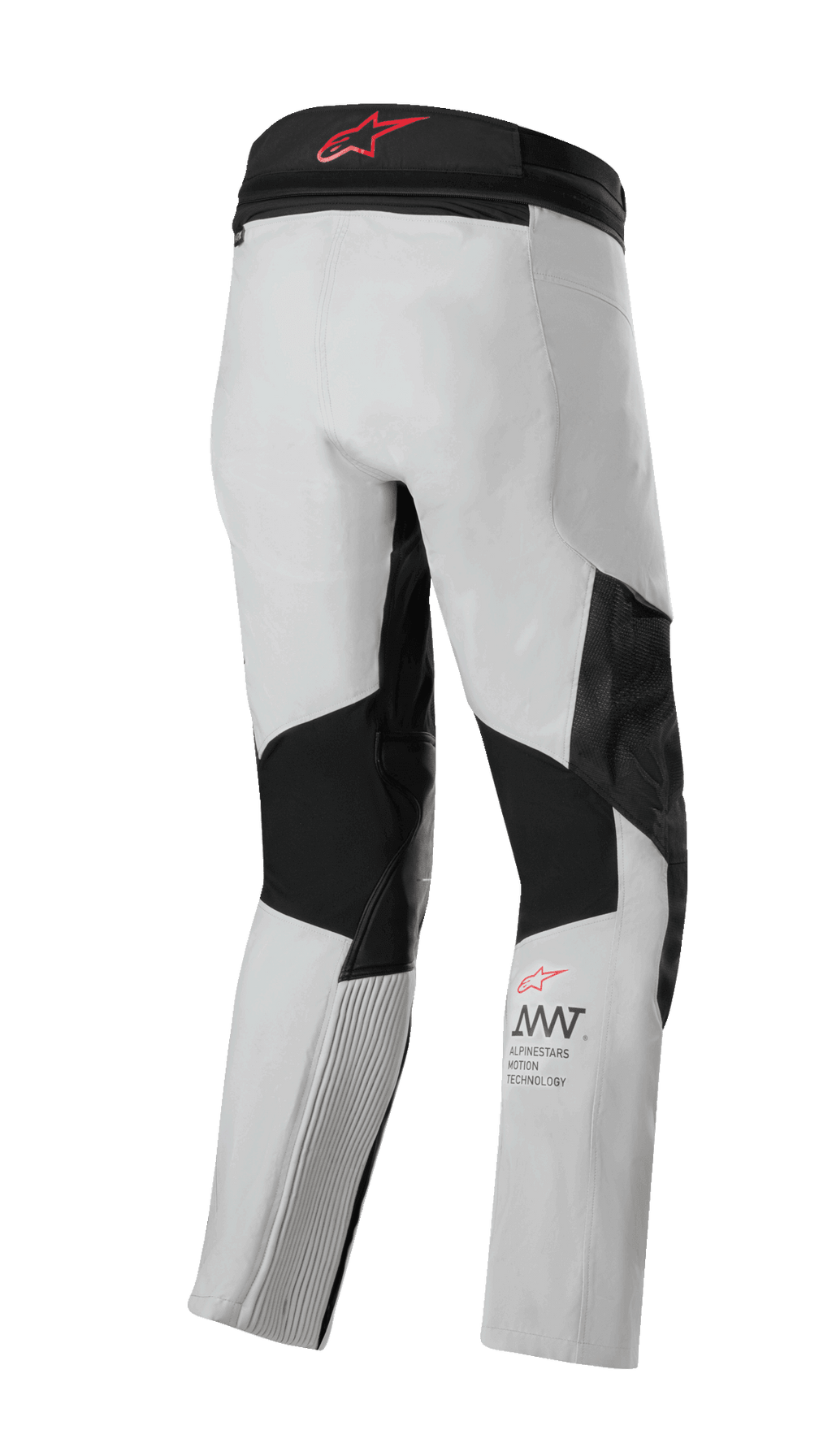 Alpinestars AMT 7 Air Pants, Motorcycle Pants, Tan and Dark Shadow, rear view featuring black stretch panels and ventilation inserts, red logo on the waistband, and AMT branding on the lower leg, technical adventure touring gear