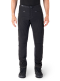 Alpinestars Alden Pants, Black Urban Motorcycle Pants, front view, technical stretch softshell fabric, integrated belt with magnetic buckle, zippered front pockets, quilted knee detailing, slim-fit silhouette, styled with black riding shoes