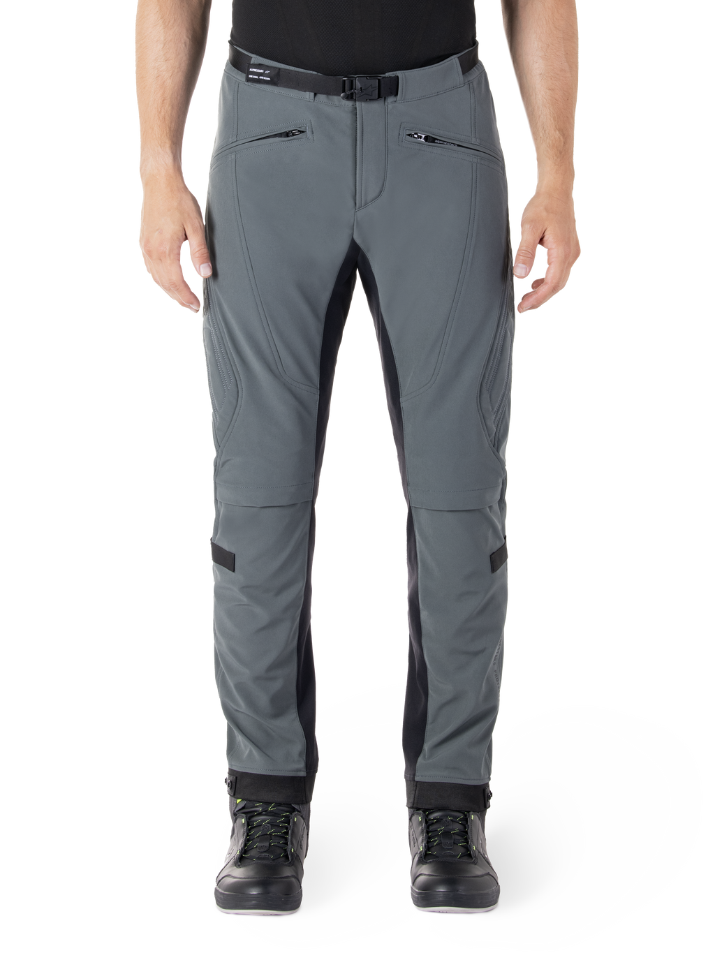 Alpinestars Alden Pants, Urban Gray with black panels, technical motorcycle riding pants, front view featuring zippered pockets and integrated magnetic waist belt, slim-fit softshell design for urban commuting