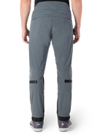 Alpinestars Alden Pants, Urban Gray, rear view of men's urban motorcycle pants, slim fit below the knee with black calf adjustment straps, high-waisted design featuring MO.ST.EQ. wordmark on the back yoke, worn with gray riding shoes