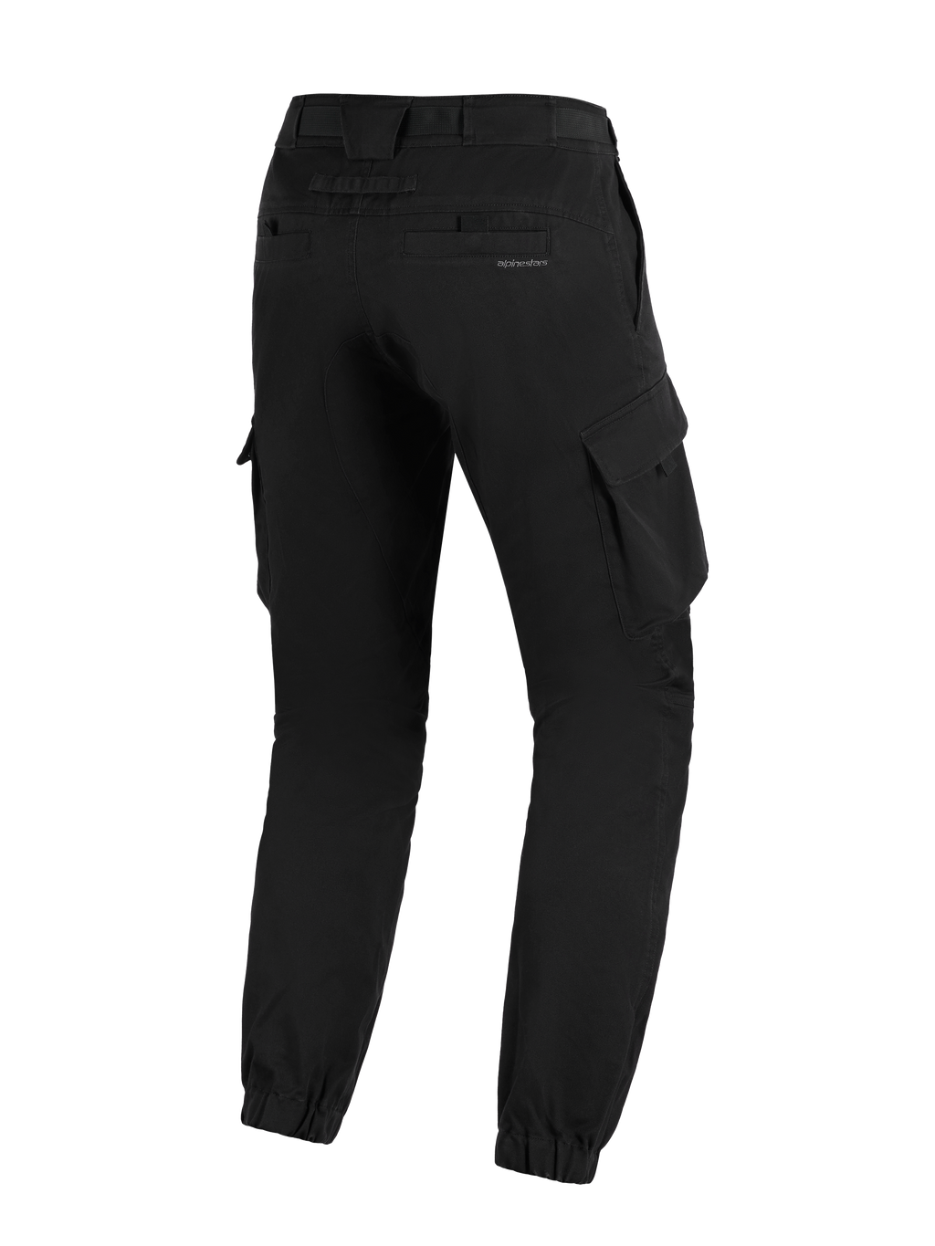 Alpinestars Flex-AST Cargo Pants, Black, rear three-quarter view, urban motorcycle pants featuring large side cargo pockets, elasticated hems, and subtle branding on the back pocket.