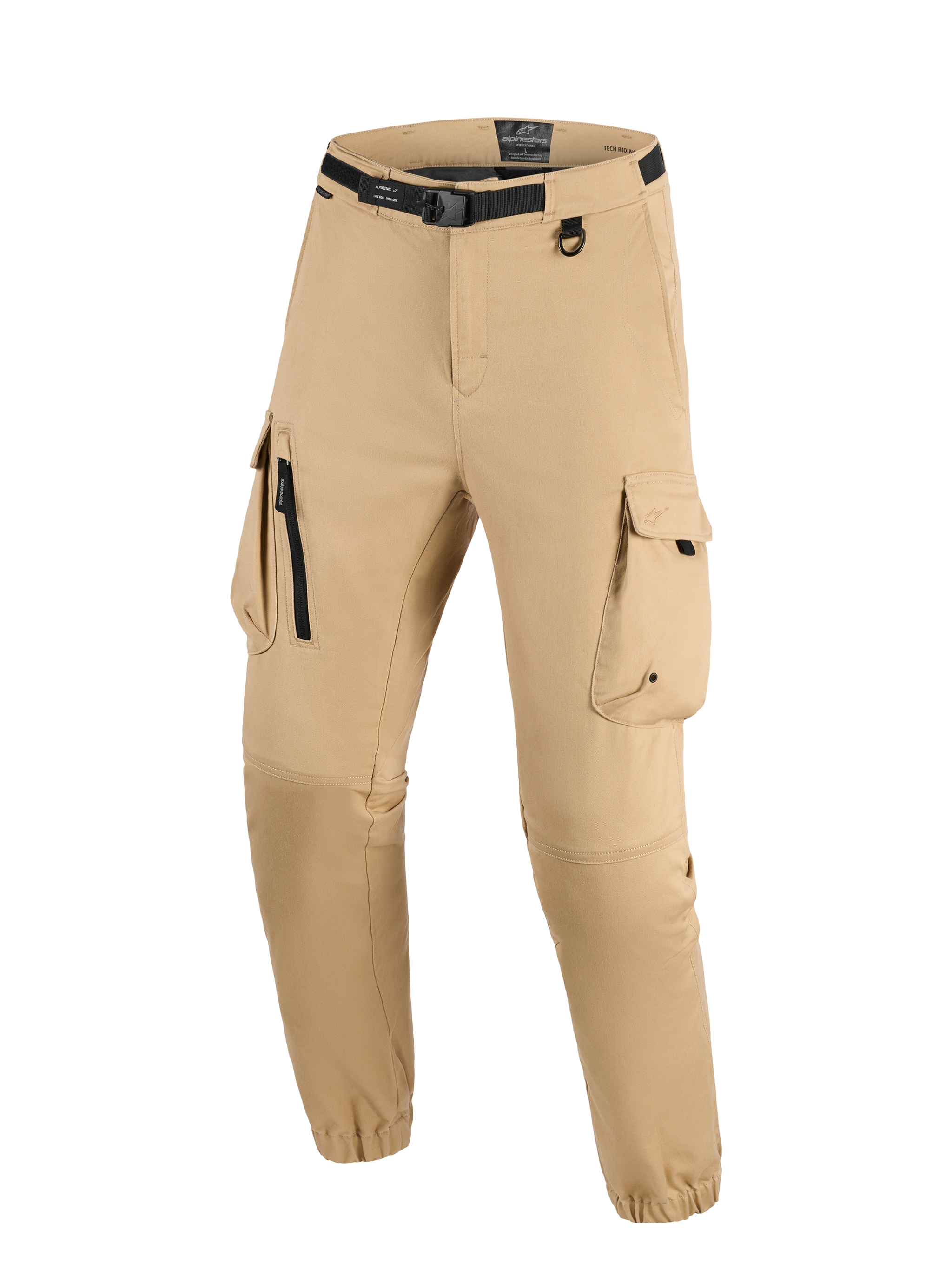 Alpinestars Flex-AST Cargo Pants - Short, Light Beige, urban motorcycle pants featuring a multi-pocket cargo design, integrated black belt with buckle, D-ring attachment, and elasticated hems for a tapered fit