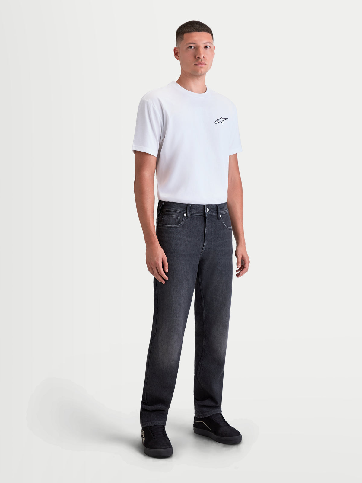 Alpinestars Flex-AST 8 Denim Pants, men's urban contemporary motorcycle jeans in used black, straight fit worn by a model.
