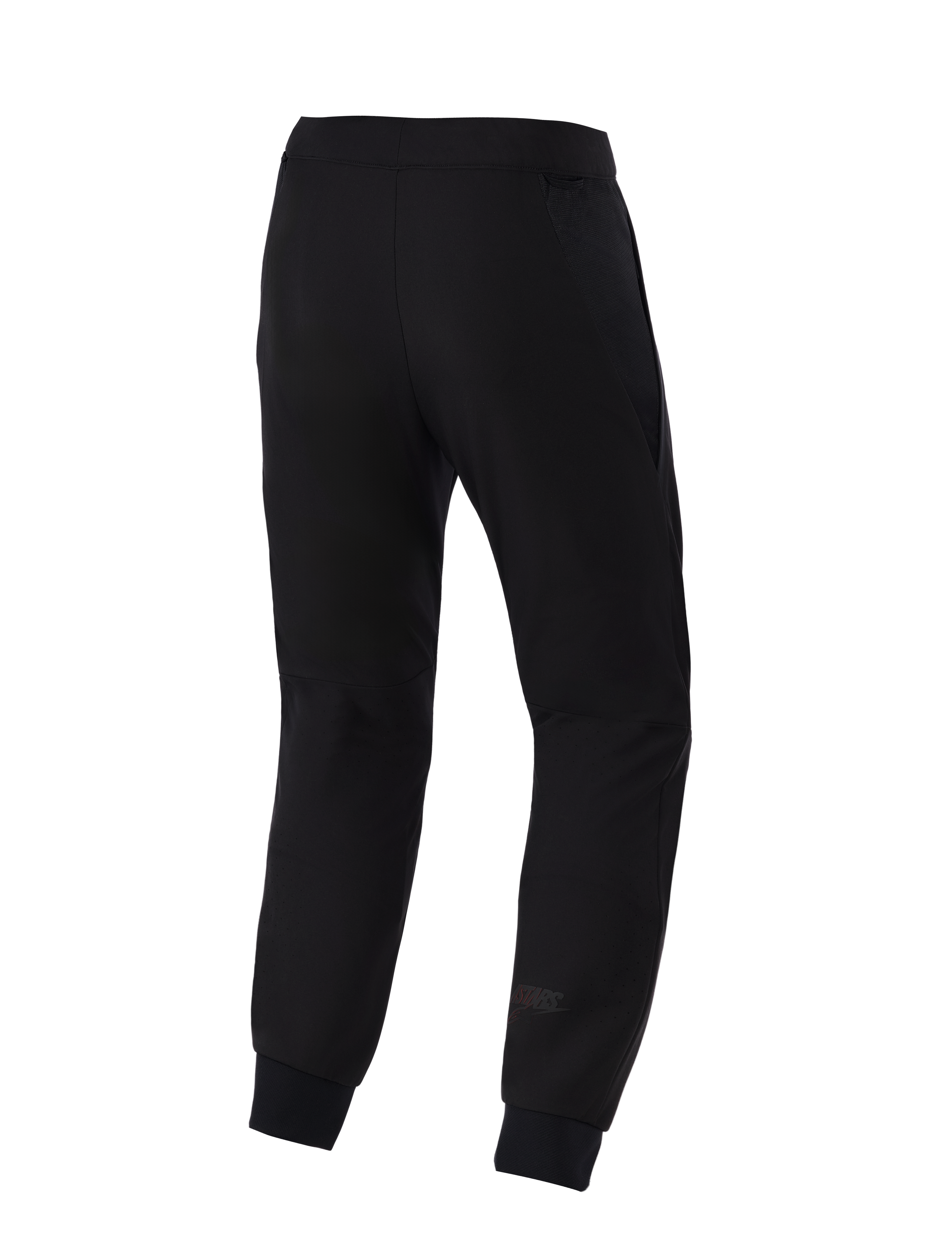 Alpinestars Aeroshell Airflow Pants, Motorcycle Pants, Black, back view featuring a lightweight stretch softshell chassis, integrated 2D mesh panels for breathability, laser-perforated calf zones, and a subtle Astars logo on the lower leg.