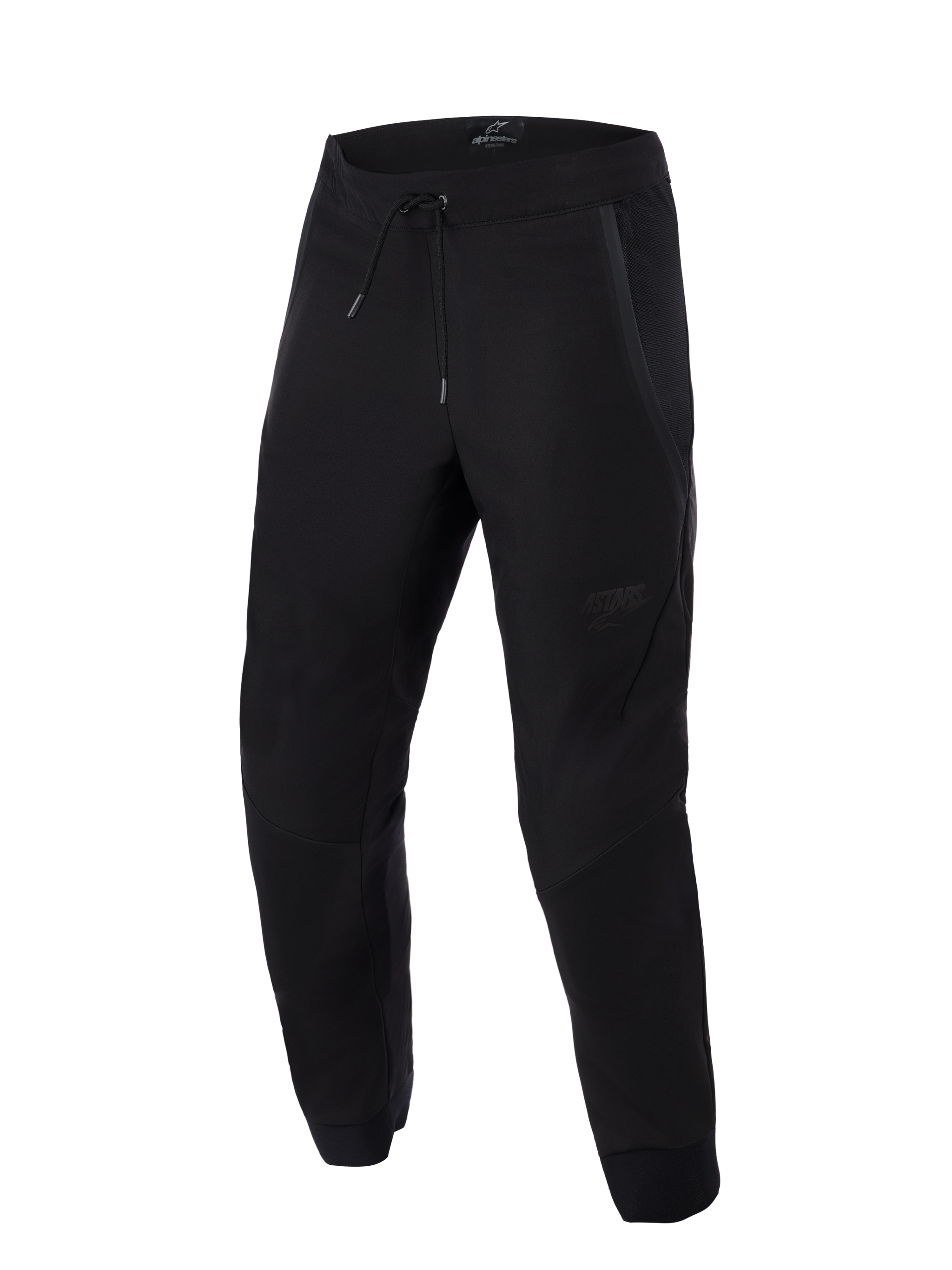Alpinestars Aeroshell Airflow Pants, Black, lightweight sport and touring motorcycle pants, featuring extensive mesh panels for ventilation, elastic drawstring waistband, pre-curved legs, and subtle tonal logo on the thigh.