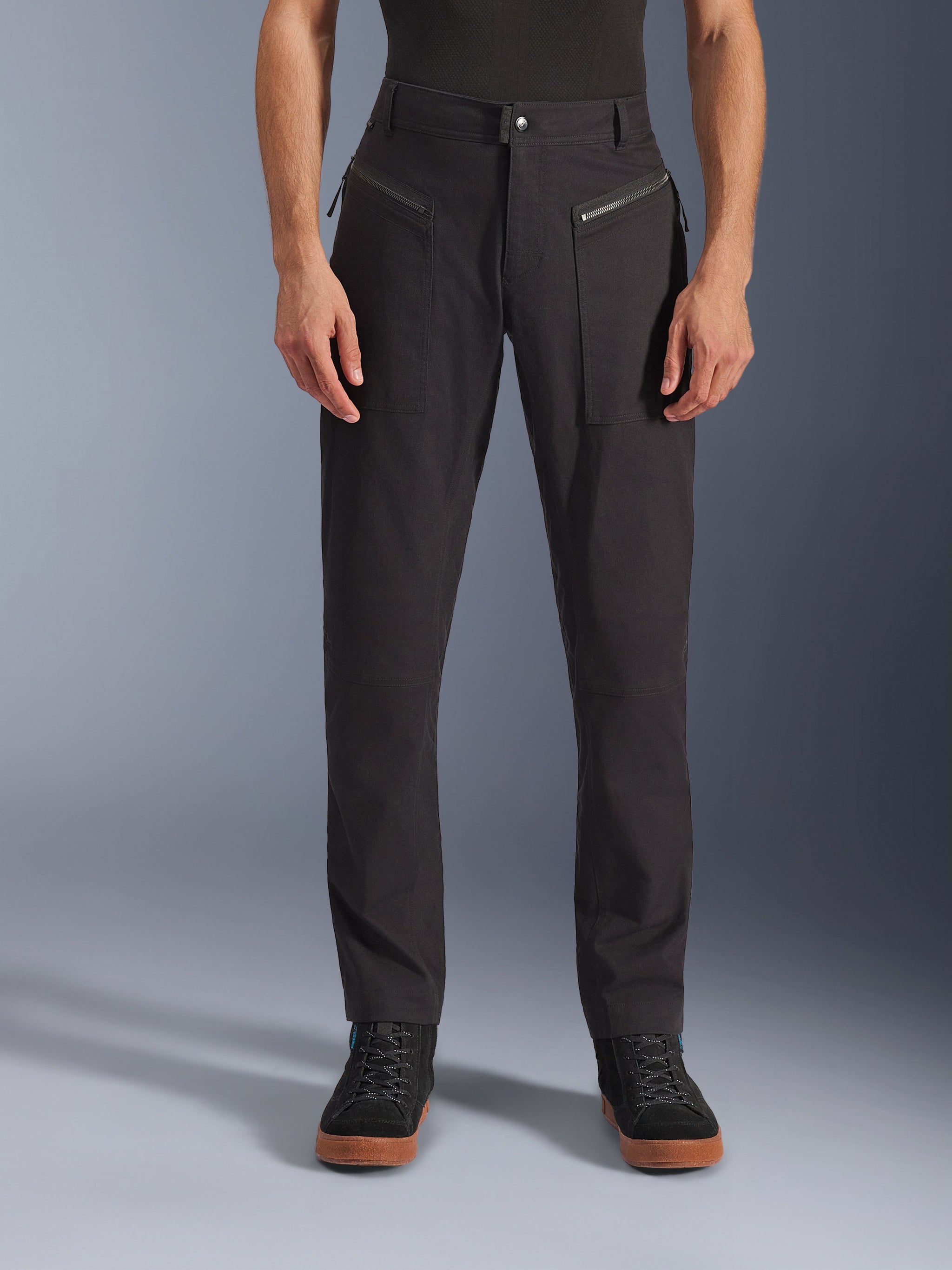 Alpinestars Flex-AST Canvas Pants, Black, front view of urban motorcycle pants featuring zippered front pockets and a slim ergonomic fit, made from stretch polycotton twill, heritage workwear-inspired design for city riders.