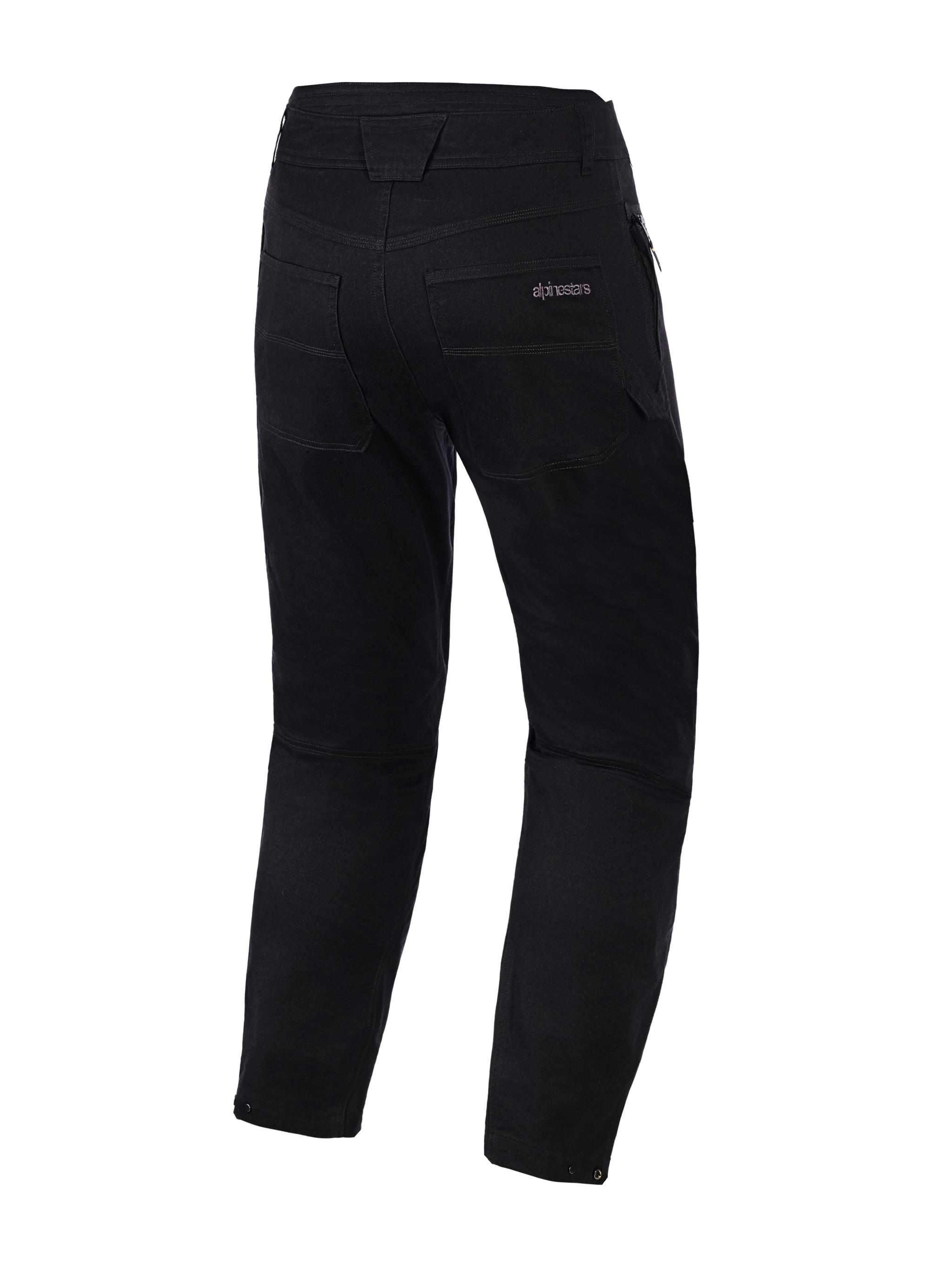Alpinestars Flex-AST Canvas Pants, Black, back view, heritage workwear style motorcycle pants with Alpinestars logo on the back pocket, contrast decorative topstitching, and adjustable snap closures at the leg hems