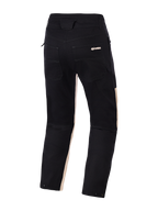 Alpinestars Flex-AST Canvas Pants, Back View, Black Aluminum, featuring black polycotton twill with light tan accents on the inner legs, dual rear pockets with Alpinestars branding, and snap adjusters at the leg openings, urban motorcycle trousers with a workwear-inspired design.