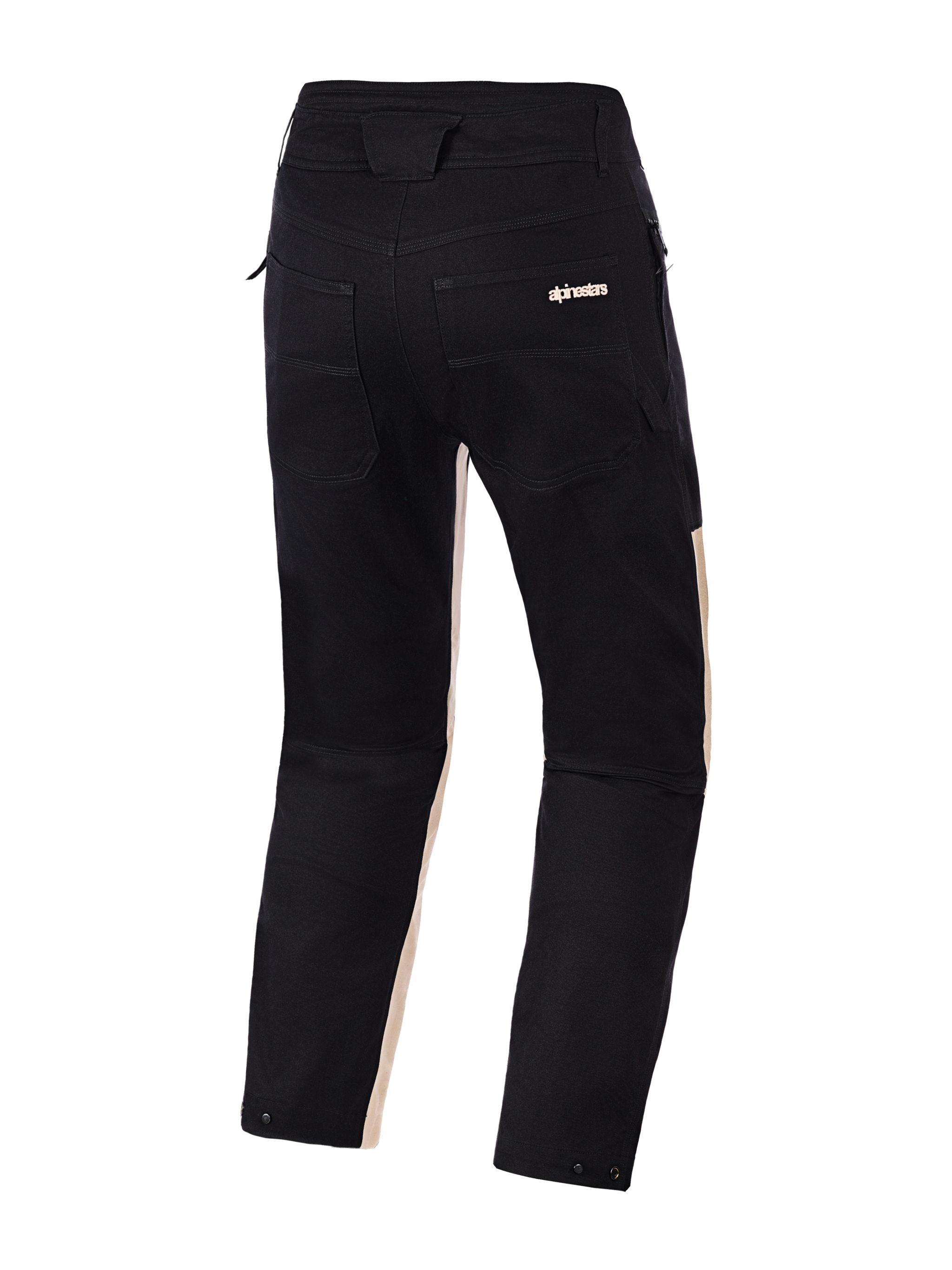 Alpinestars Flex-AST Canvas Pants, Back View, Black Aluminum, featuring black polycotton twill with light tan accents on the inner legs, dual rear pockets with Alpinestars branding, and snap adjusters at the leg openings, urban motorcycle trousers with a workwear-inspired design.