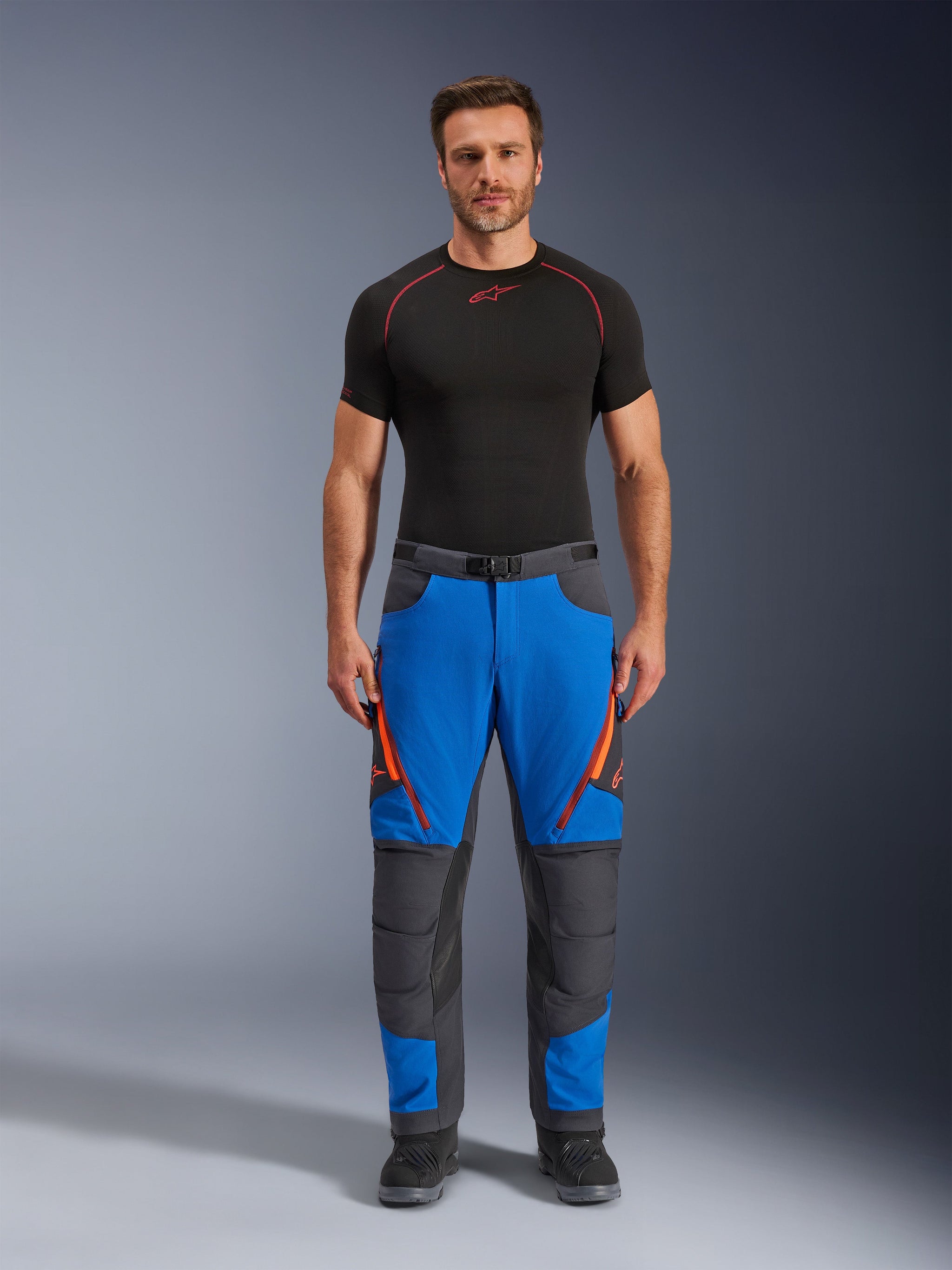 Alpinestars Maxdura Dual Pants, MTB Mountain Bike Pants, Blue with Gray and Black Panels, Orange Zippers, Padded Knee and Thigh Protection, Modern Sporty Design