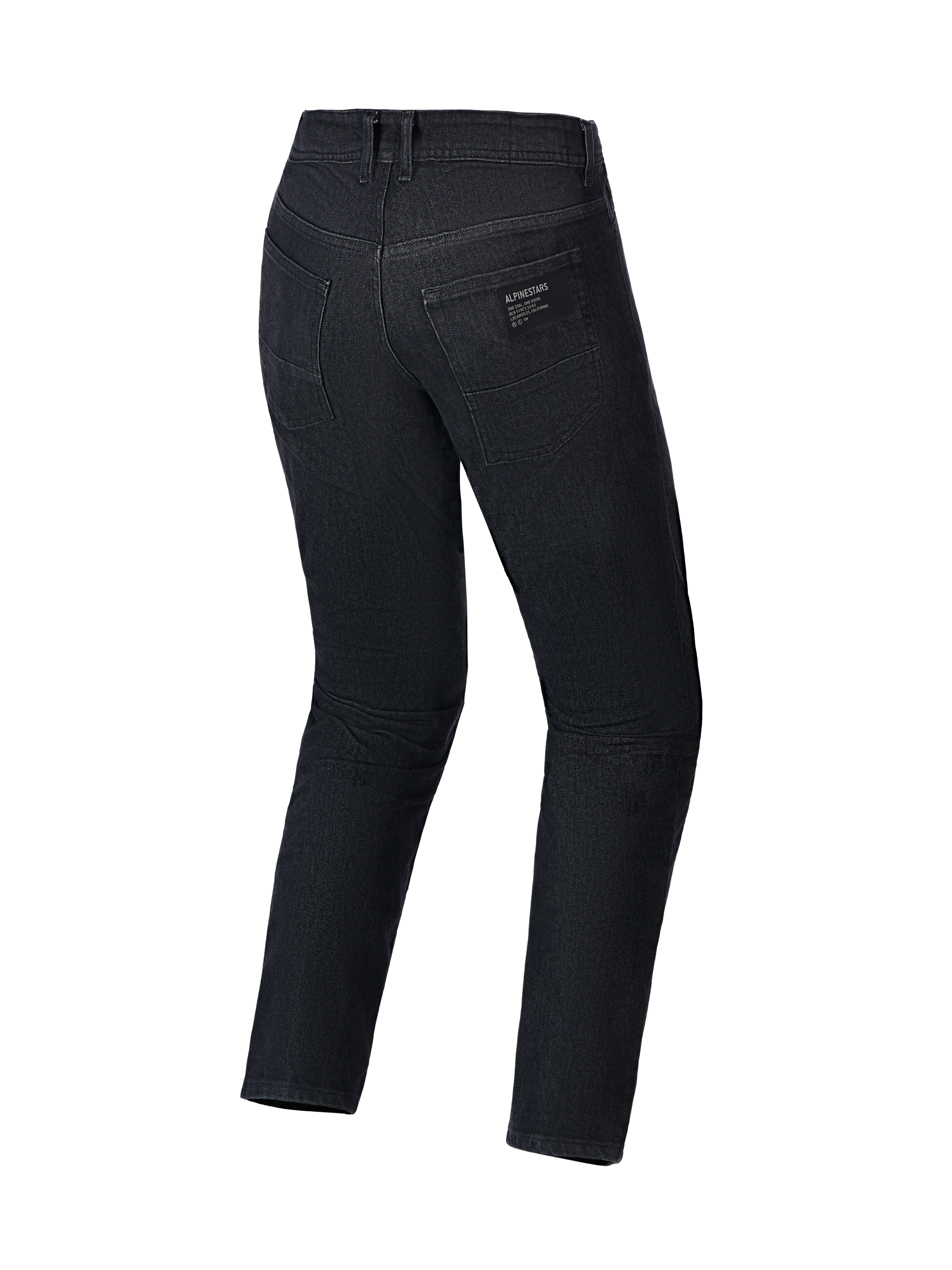 Alpinestars Flex-AST 5 Denim Pants, Motorcycle Jeans, Black Washed, back view showing rear pockets and Alpinestars logo patch, monolayer stretch denim construction with a regular tapered fit