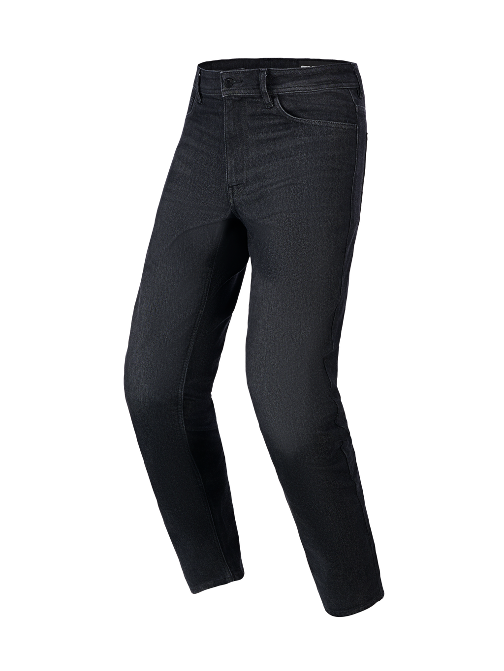 Alpinestars Flex-AST 5 Denim Pants in Black Washed, urban motorcycle riding jeans with a tapered fit, monolayer stretch denim construction, and classic five-pocket design, front three-quarter view
