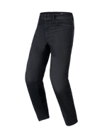 Alpinestars Flex-AST 5 Denim Pants in Black Washed, urban motorcycle riding jeans with a tapered fit, monolayer stretch denim construction, and classic five-pocket design, front three-quarter view