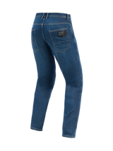 Alpinestars Flex-AST 5 Denim Pants - Short, Urban Motorcycle Pants, Indigo Washed, back view showing classic rear pockets, black brand patch on the right pocket, and a modern tapered fit in stretch denim