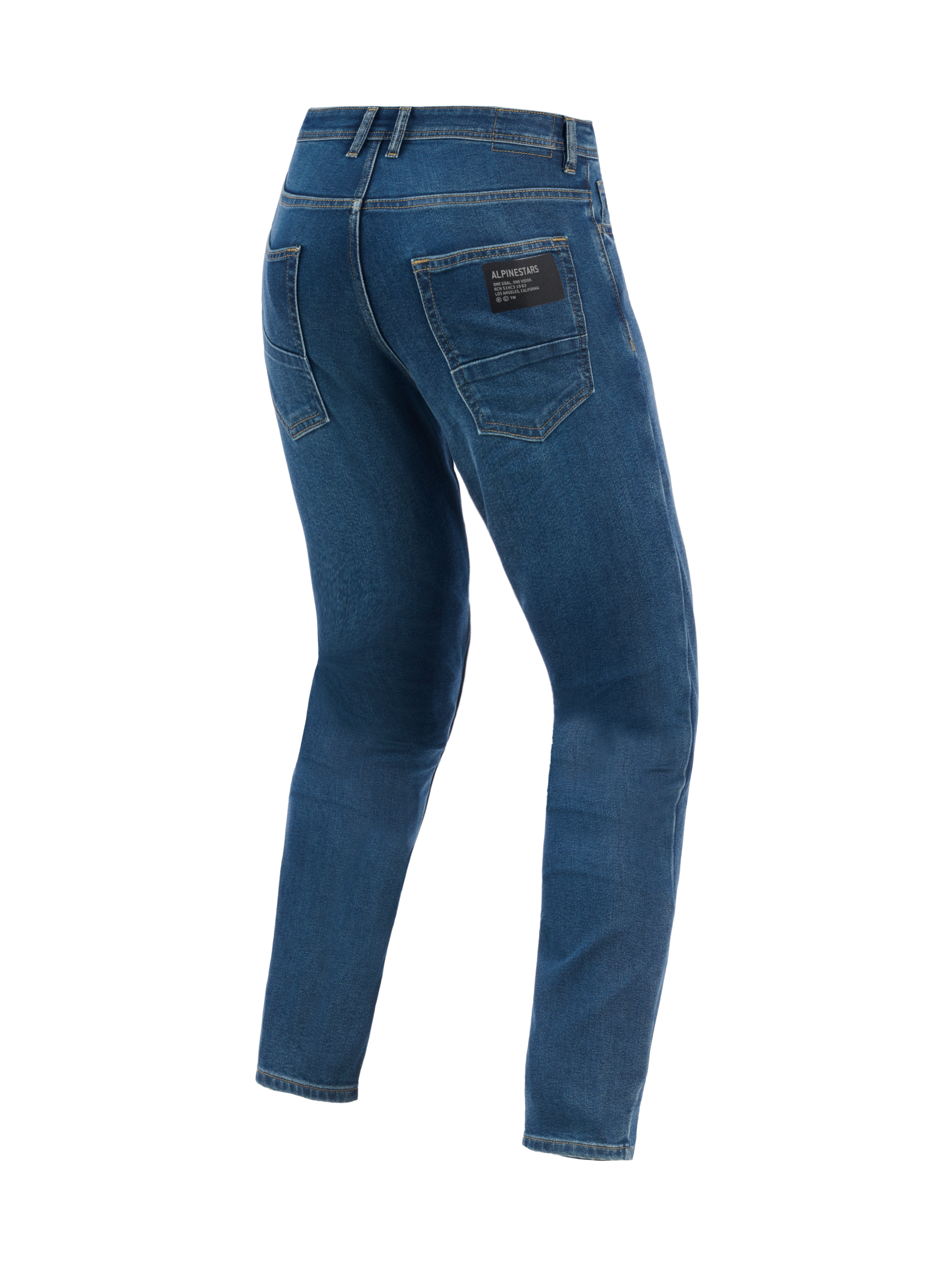 Alpinestars Flex-AST 5 Denim Pants - Short, Urban Motorcycle Pants, Indigo Washed, back view showing classic rear pockets, black brand patch on the right pocket, and a modern tapered fit in stretch denim