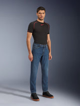 Alpinestars Flex-AST 5 Denim Pants Short, Blue Motorcycle Jeans, worn with Black T-shirt, casual riding style, protective denim construction
