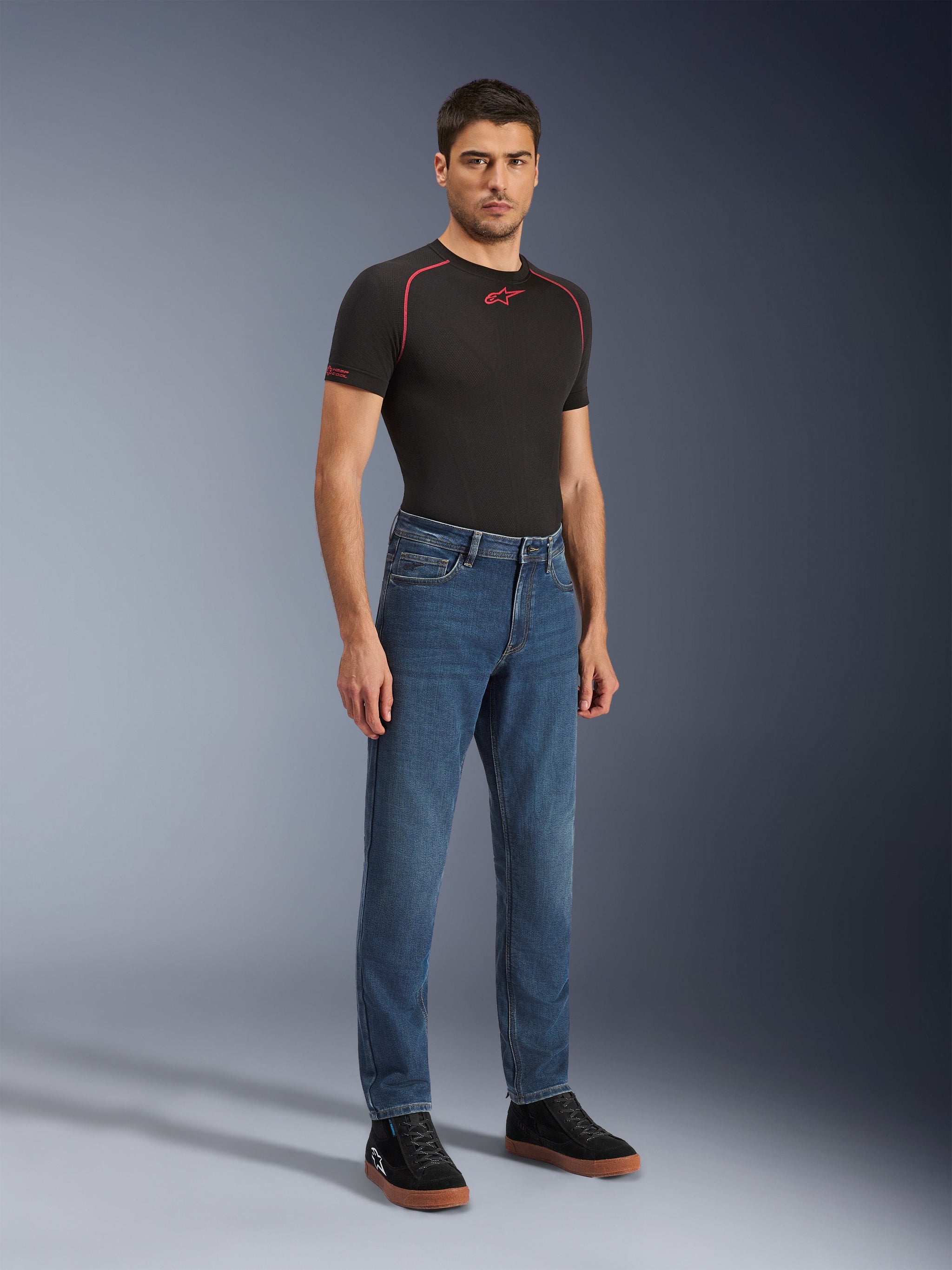 Alpinestars Flex-AST 5 Denim Pants Short, Blue Motorcycle Jeans, worn with Black T-shirt, casual riding style, protective denim construction
