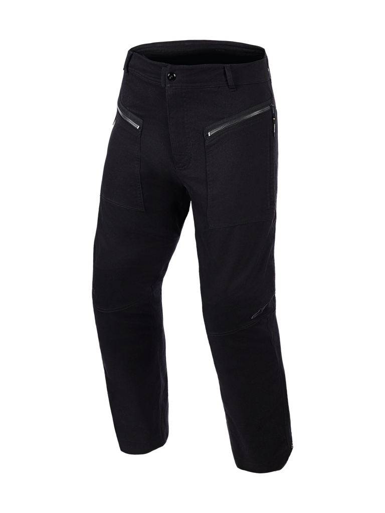 Alpinestars Flex-AST Canvas Pants Short, urban motorcycle pants, Black, featuring dual-access zippered front pockets, workwear-inspired canvas construction, and pre-shaped knee panels, clean utilitarian design for riding protection and comfort