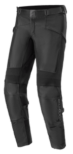 Alpinestars T SP-5 Rideknit Pants, Black Textile Motorcycle Riding Pants, featuring ribbed stretch panels at the knees, adjustable waist straps, durable knit sections for flexibility, and a slim tapered fit for sport performance.