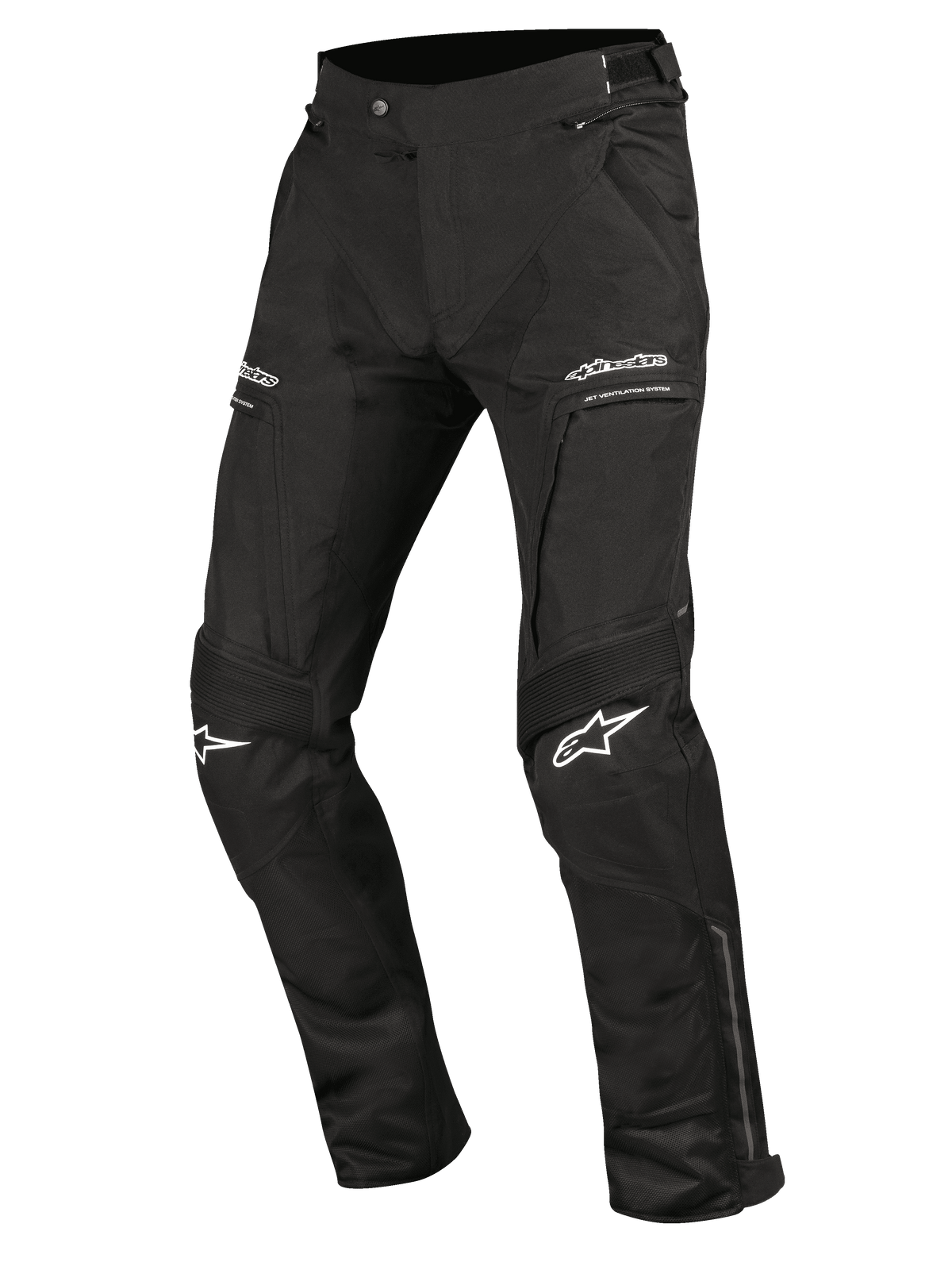 Alpinestars Ramjet Air Pants, Motorcycle Riding Pants, Black, featuring mesh ventilation panels, accordion stretch inserts on the knees, white logos on the thighs and knees, zippered pockets, and durable multi-panel textile construction for road touring