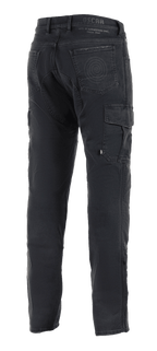 Alpinestars Barton Riding Cargo Pants, Black Motorcycle Riding Pants, rear view featuring cargo pocket on the side, back pockets with spiral logo detail, Oscar by Alpinestars branding on the waistband, casual denim-style knitted fabric.