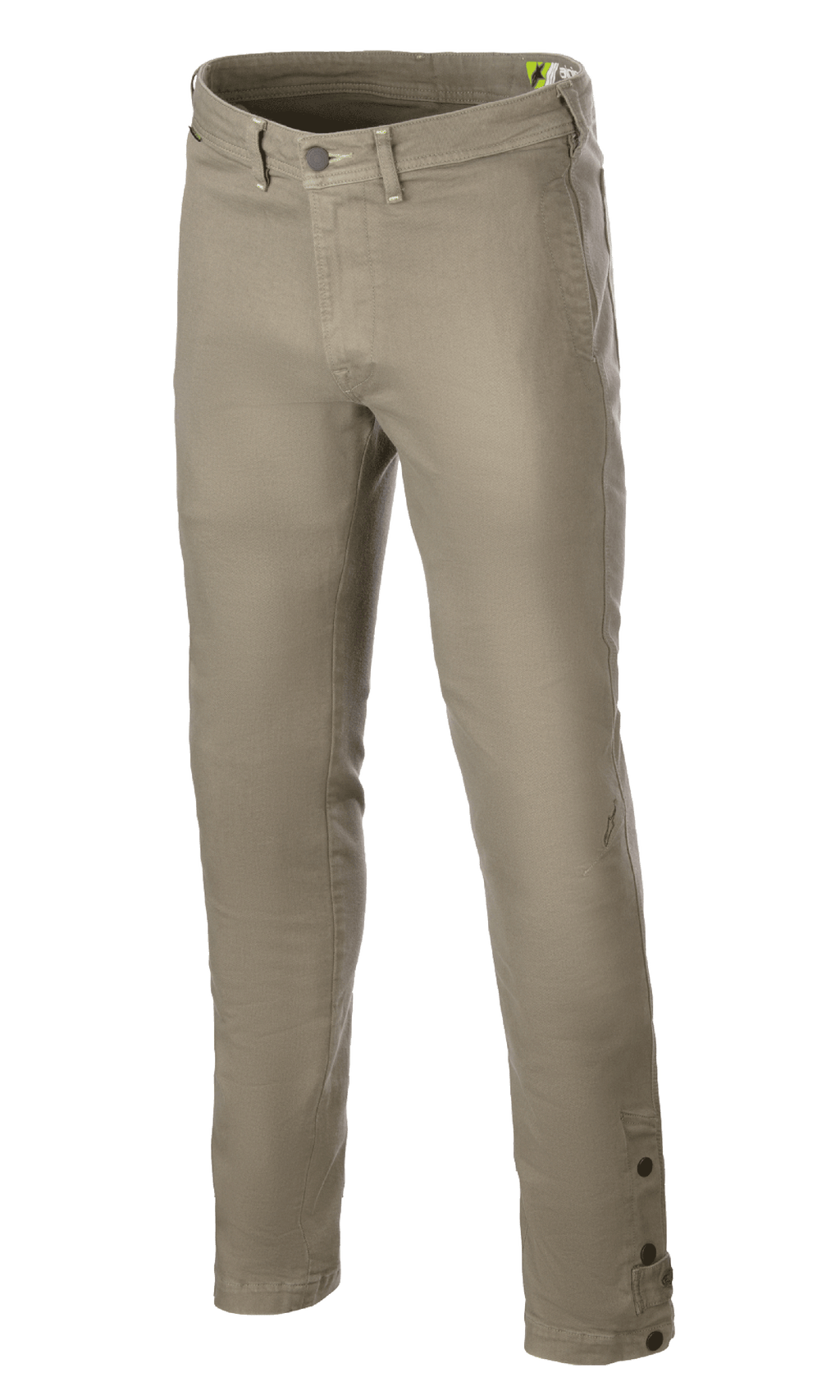 Alpinestars Stratos Regular Fit Tech Riding Pants, Motorcycle Riding Pants, Military Green, featuring a tapered design, button and zip closure, belt loops, and adjustable buttons at the ankle
