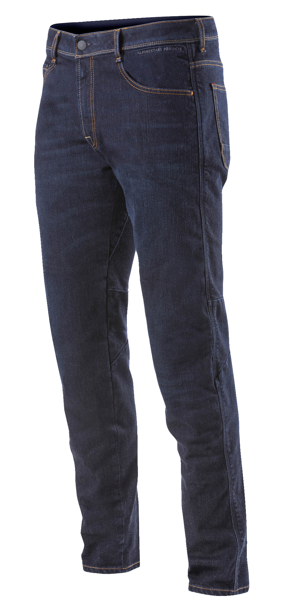 Alpinestars Radium Denim Pants, Motorcycle Jeans, Rinse Plus Blue with orange stitching, regular fit, five-pocket design, stretch Cordura denim with discreet knee armor
