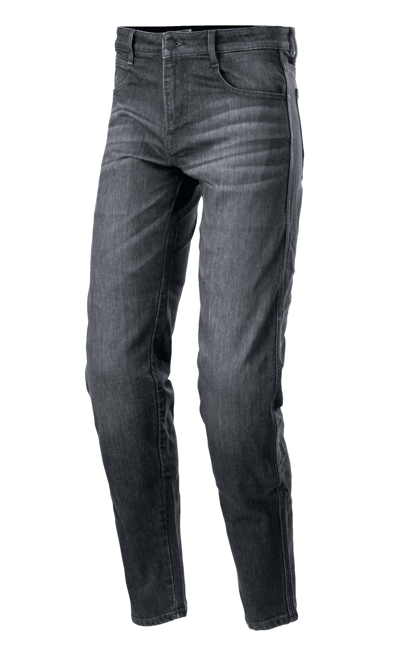 Alpinestars Sektor Regular Fit Denim Pants, Dark Gray Motorcycle Jeans, Casual Slim Fit Design, Five-Pocket Style with Button and Zip Closure, Slightly Faded Texture with Subtle Wear