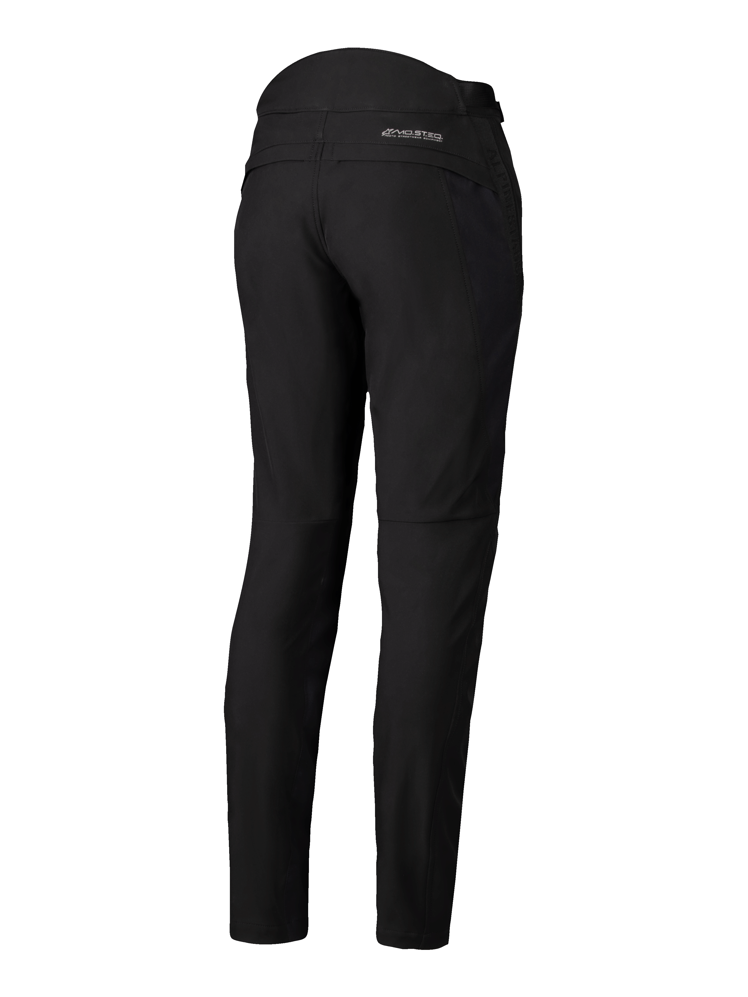 Alpinestars Alamosa Women Pants, Black, rear view, slim fit softshell textile pants with MO.ST.EQ. logo on the back yoke, quilted detailing at the upper back waist, minimalist urban motorcycle riding gear