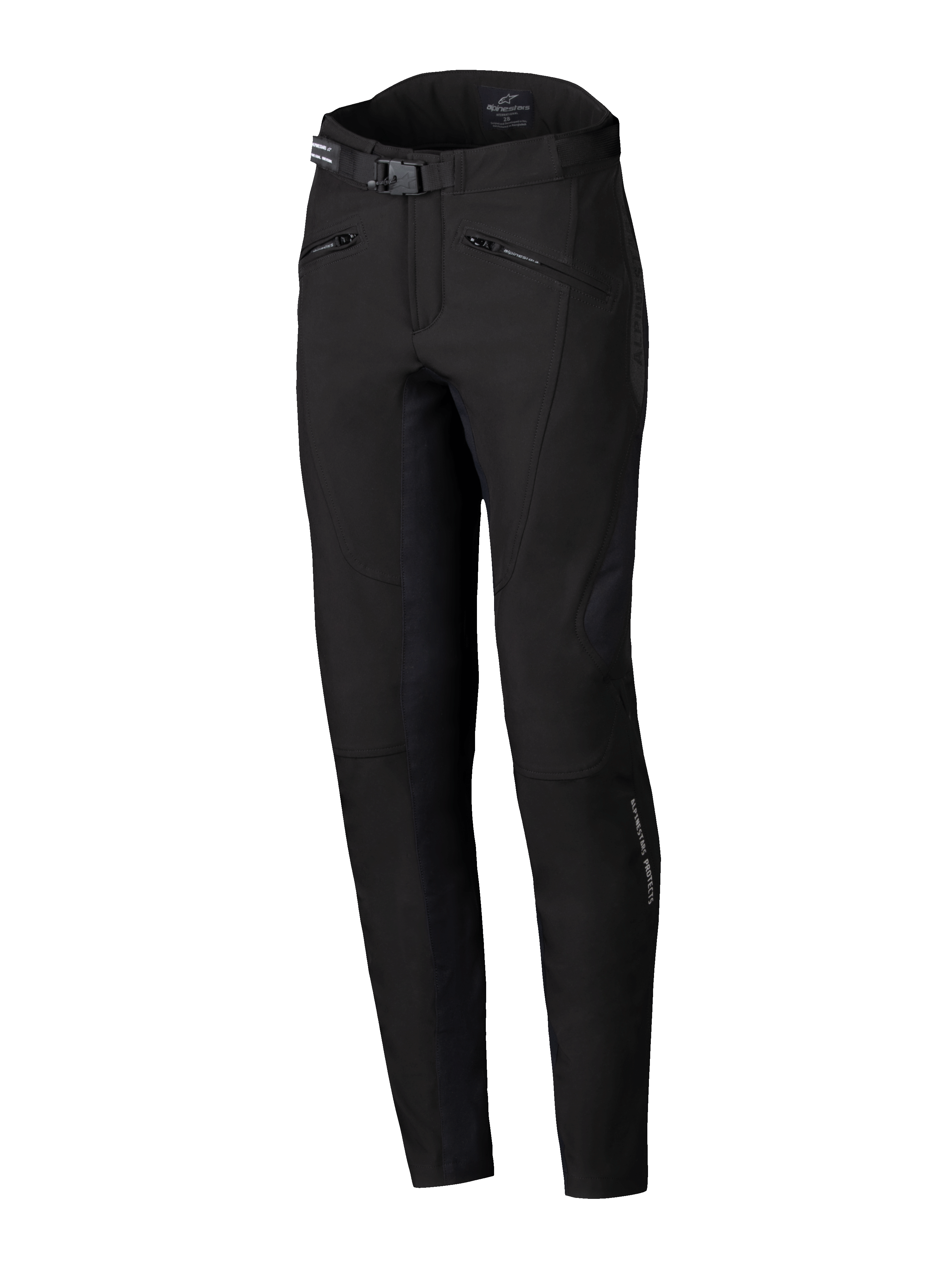 Alpinestars Alamosa Women Pants, urban motorcycle pants, Black, slim performance fit, featuring a waist belt with buckle, zippered hand pockets, and ergonomic technical stretch softshell fabric, minimalistic streetwear-inspired design