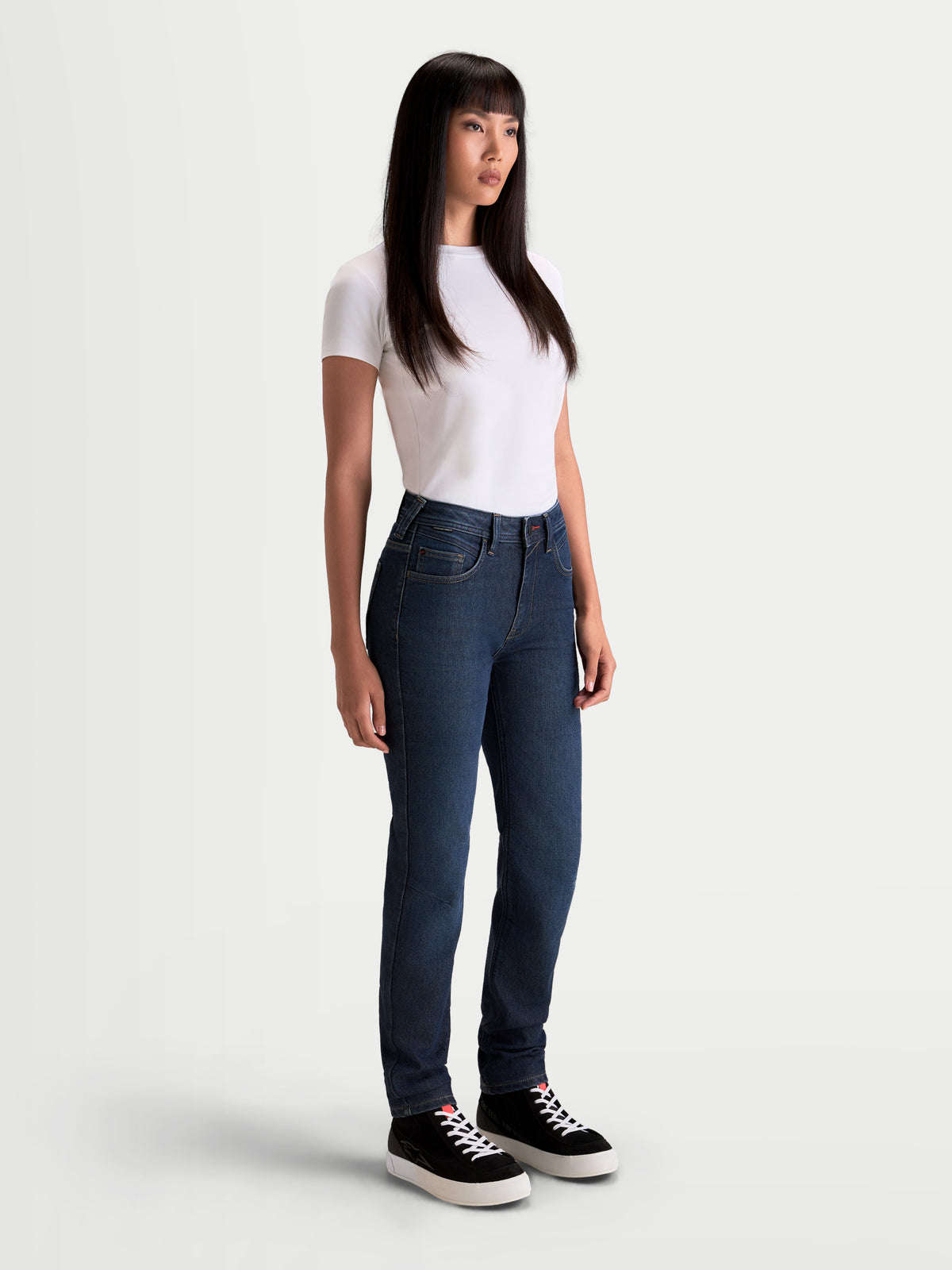 Alpinestars Stella Flex-AST 7 Denim Pants Short, women's urban motorcycle riding jeans, dark blue, AA certified single-layer denim worn by a model