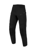 Alpinestars Stella Flex-AST Explorer Pants, Women's Motorcycle Pants, Black, front view, featuring zippered thigh pockets, reinforced knee panels, and elasticated waistband, designed for adventure touring