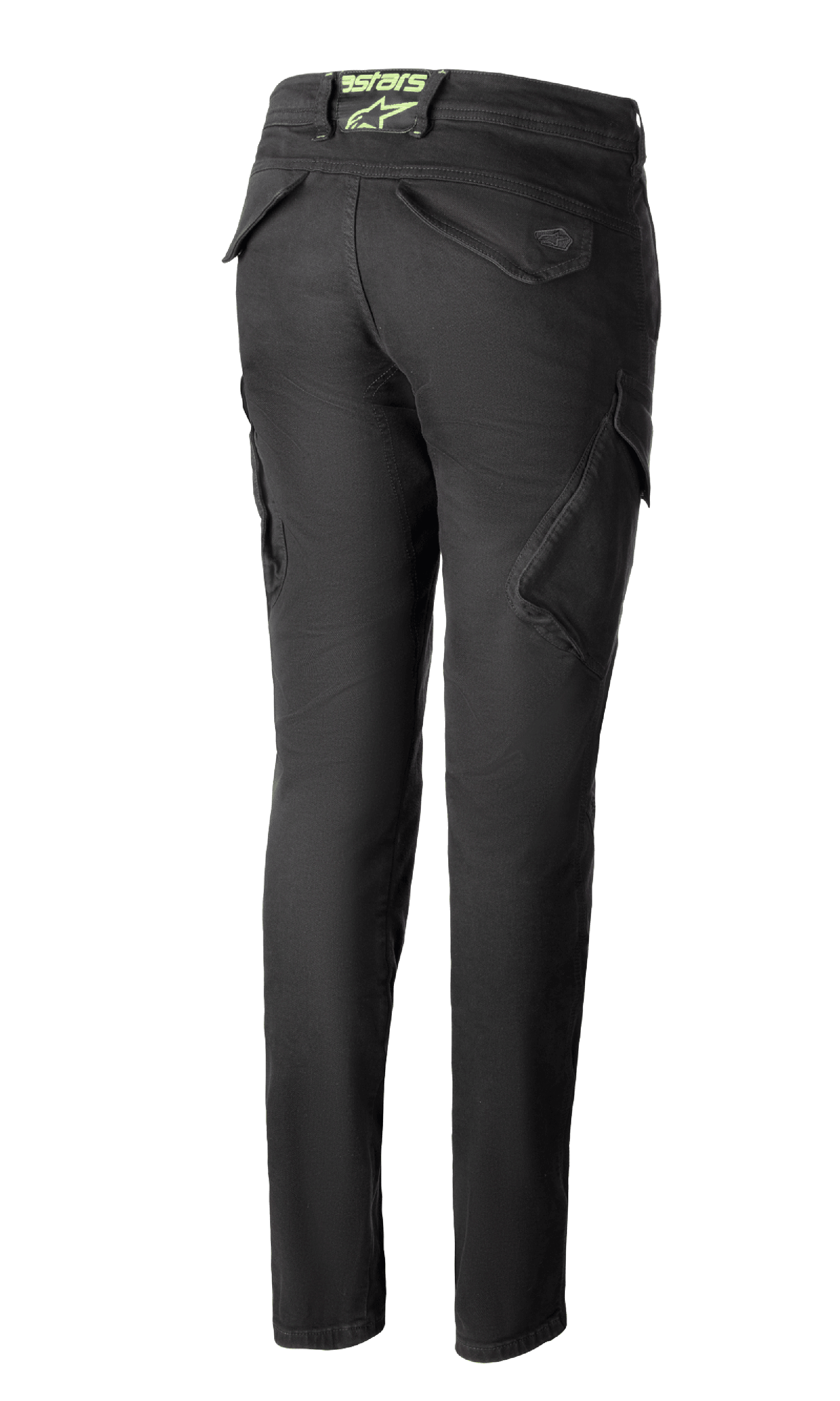 Alpinestars Caliber Women's Tech Riding Denim in Anthracite, rear view, slim fit combat-style pants with functional cargo pockets and a lime green astars logo on the back waist.
