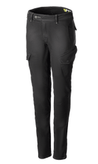Alpinestars Caliber Women's Tech Riding Denim, Anthracite gray motorcycle cargo pants, slim-fit silhouette with angled side flap pockets, belt loops and button-zip closure, durable stretch Cordura denim, urban protective riding gear.