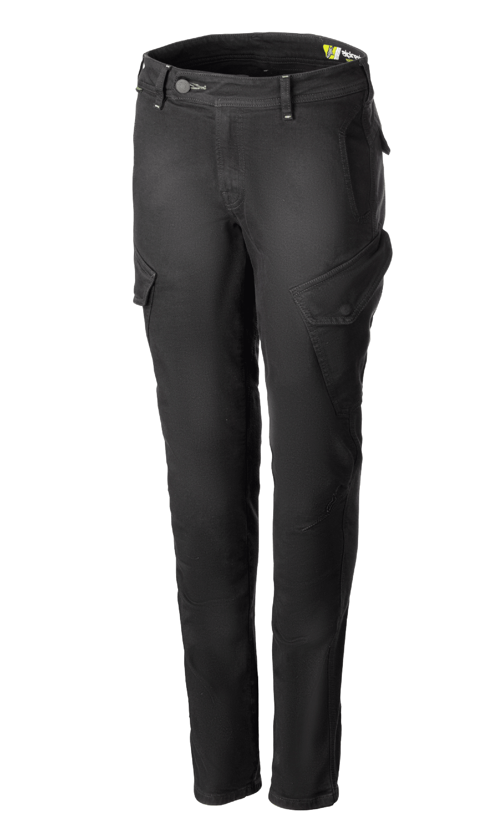 Alpinestars Caliber Women's Tech Riding Denim, Anthracite gray motorcycle cargo pants, slim-fit silhouette with angled side flap pockets, belt loops and button-zip closure, durable stretch Cordura denim, urban protective riding gear.